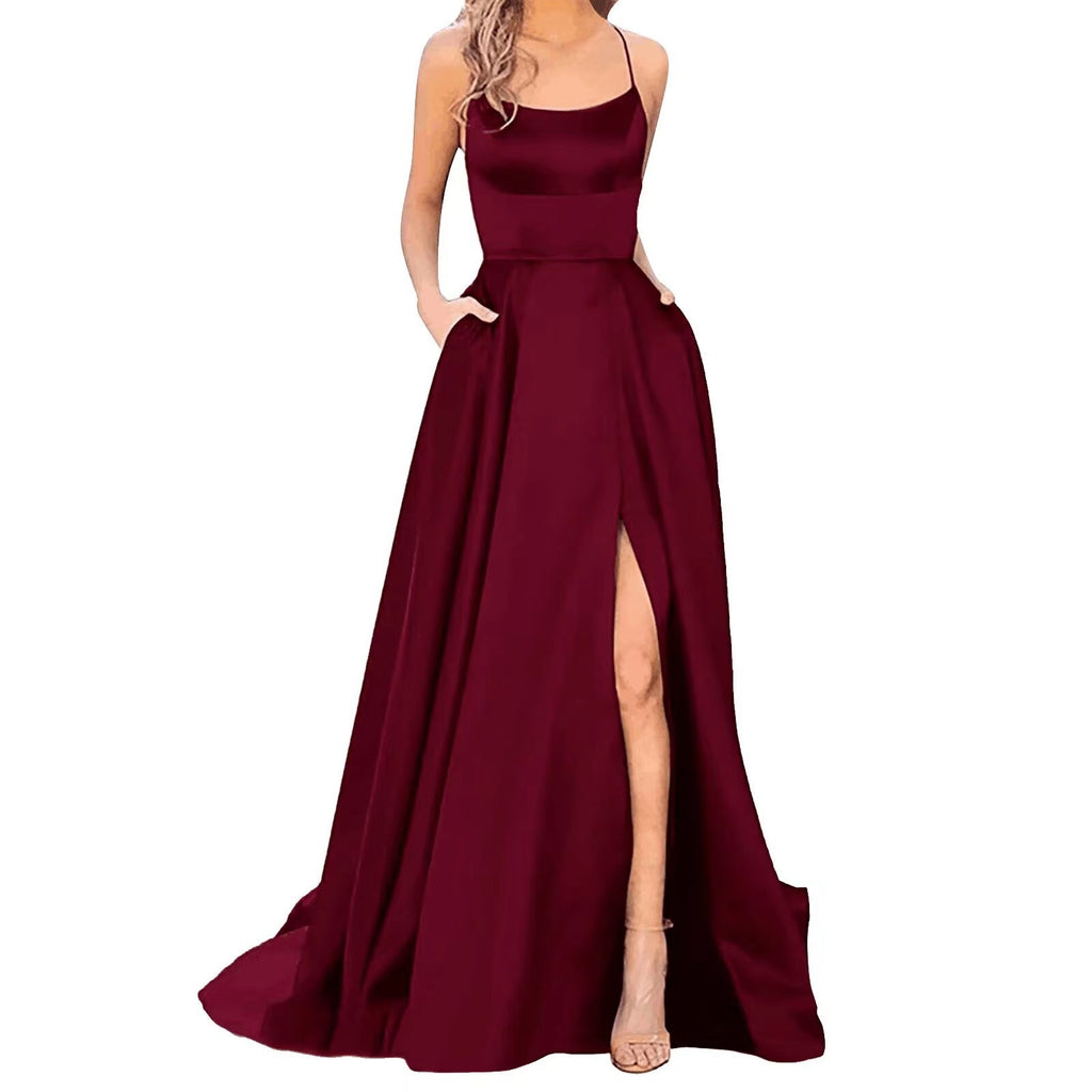Women’s Solid Color Slim Fit Hollow Shoulder Dress – Elegant Bridesmaid & Party Long Dress