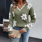 Women’s Fall Floral V-Neck Sweater – Long Sleeve Pullover with Scallop Trim