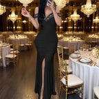 Women’s Sparkly Sequin Evening Gown – Elegant V-Neck Off-Shoulder Bodycon Dress with Thigh Slit