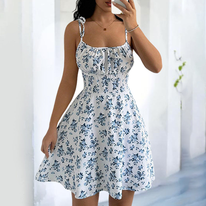 Women’s Floral Mini Dress – Spaghetti Strap Tie Shoulder Boho Ruffle Summer Dress