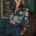 Women’s Satin Lapel Long Sleeve Shirt – Elegant Full Button Tapered Waist Top for Spring & Autumn