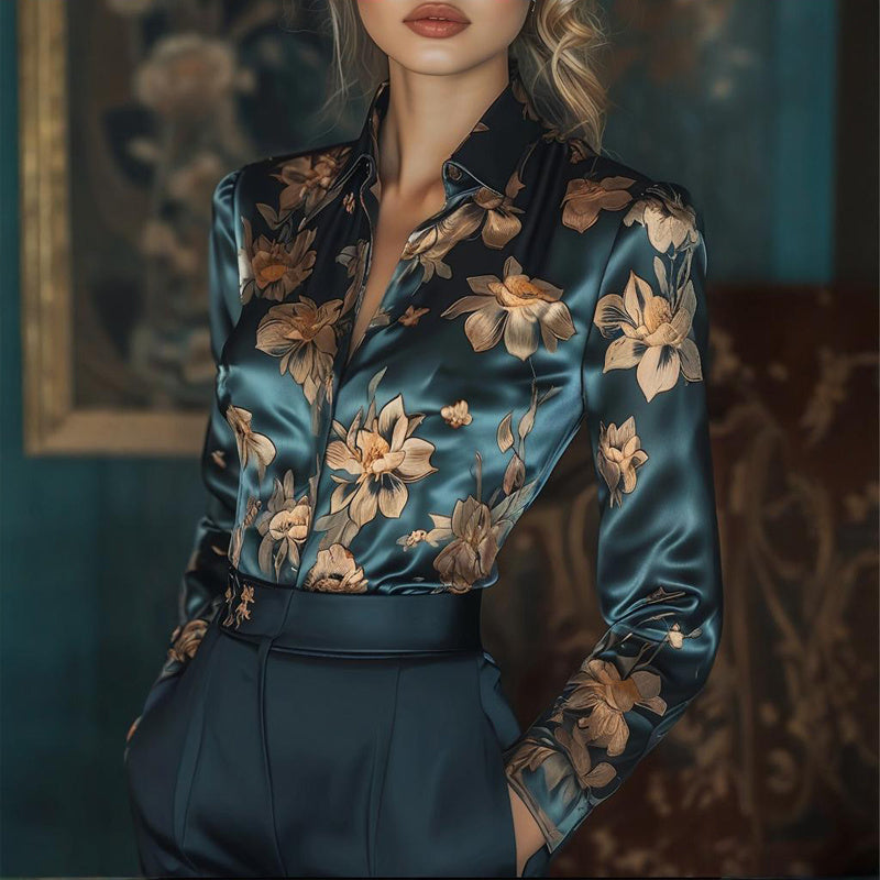 Women’s Satin Lapel Long Sleeve Shirt – Elegant Full Button Tapered Waist Top for Spring & Autumn