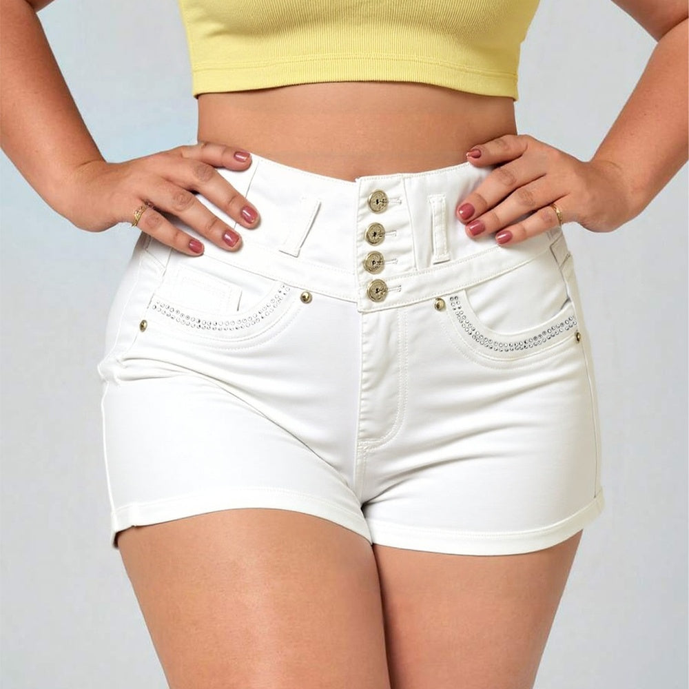 Women’s White High-Waist Button Denim Shorts – Slim Fit Stretch Shorts with Bling Pockets