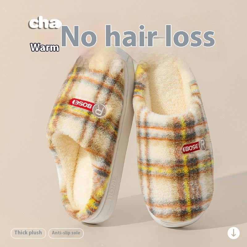 Women’s Home Plush Warm Non-Slip Plaid Cotton Shoes – Cozy Indoor Winter Slippers