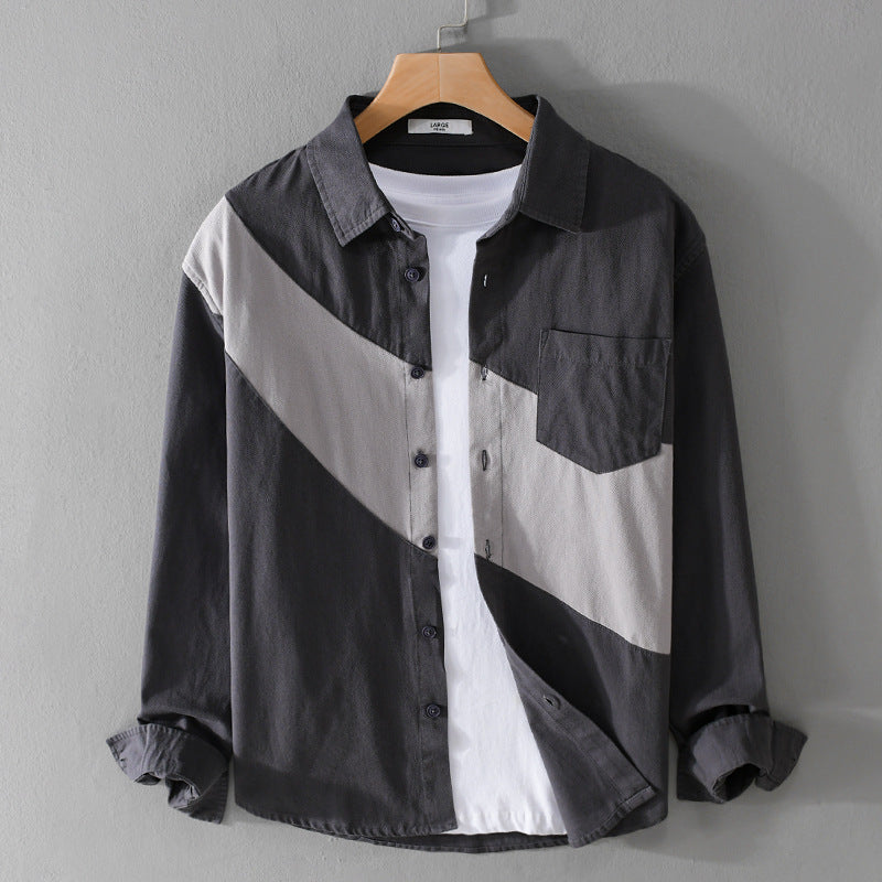 Men’s Leather Stitching Long Sleeve Shirt – Modern Casual Fashion with Premium Detailing