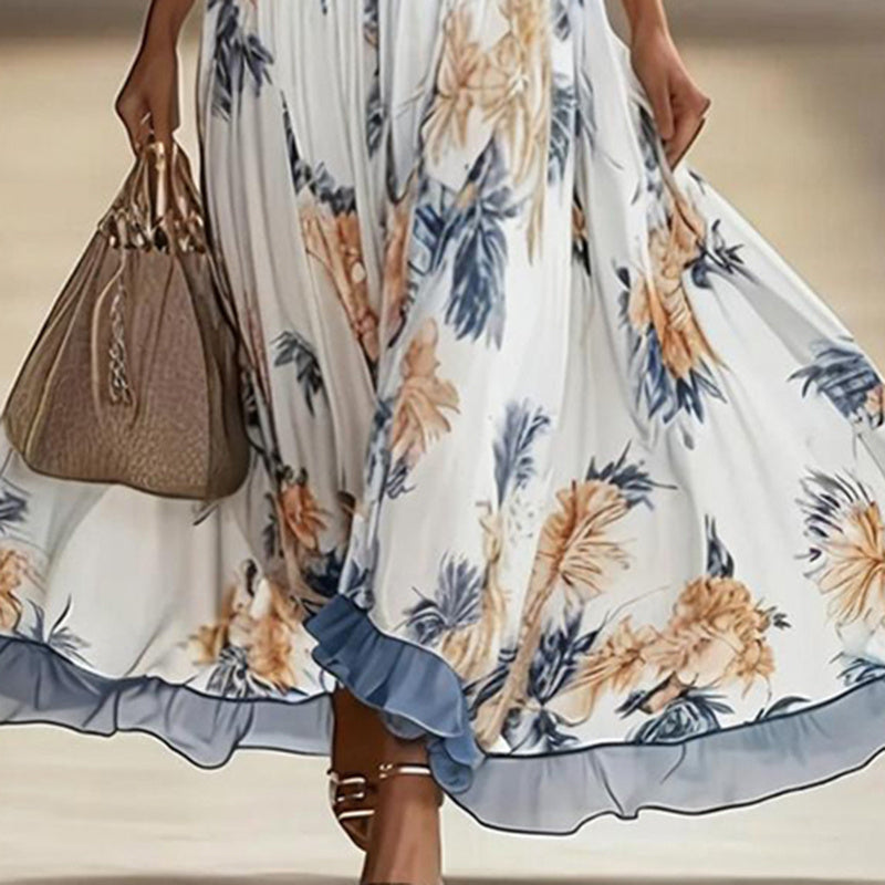 Women’s Floral Print Maxi Dress – Deep V-Neck & Flare Sleeves Elegant Evening Dress