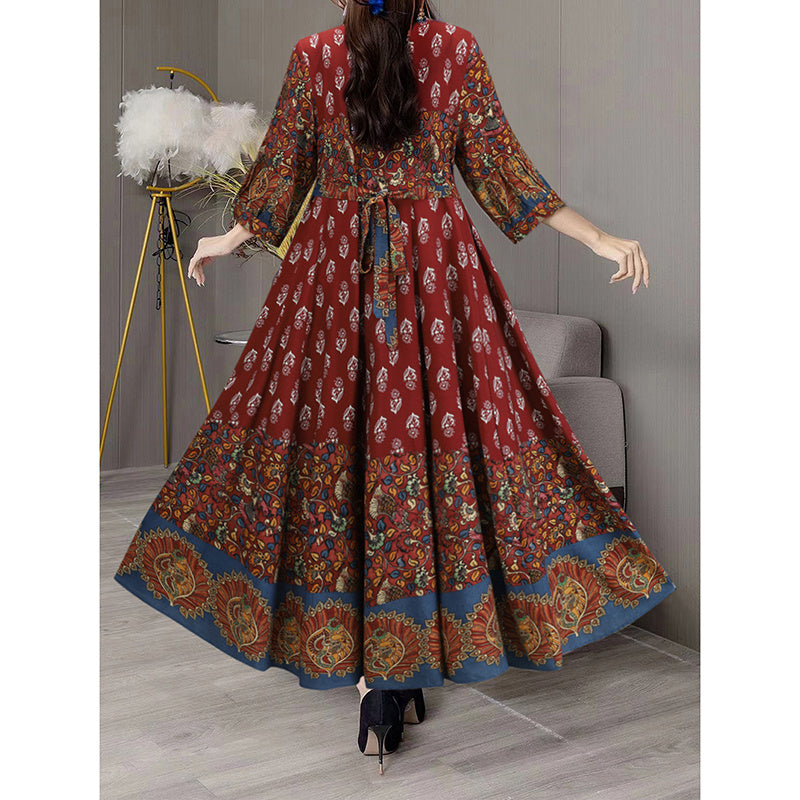 Women’s Bohemian Floral Swing Dress – Ethnic Embroidered Notched Neck 3/4 Sleeve Big Swing Dress