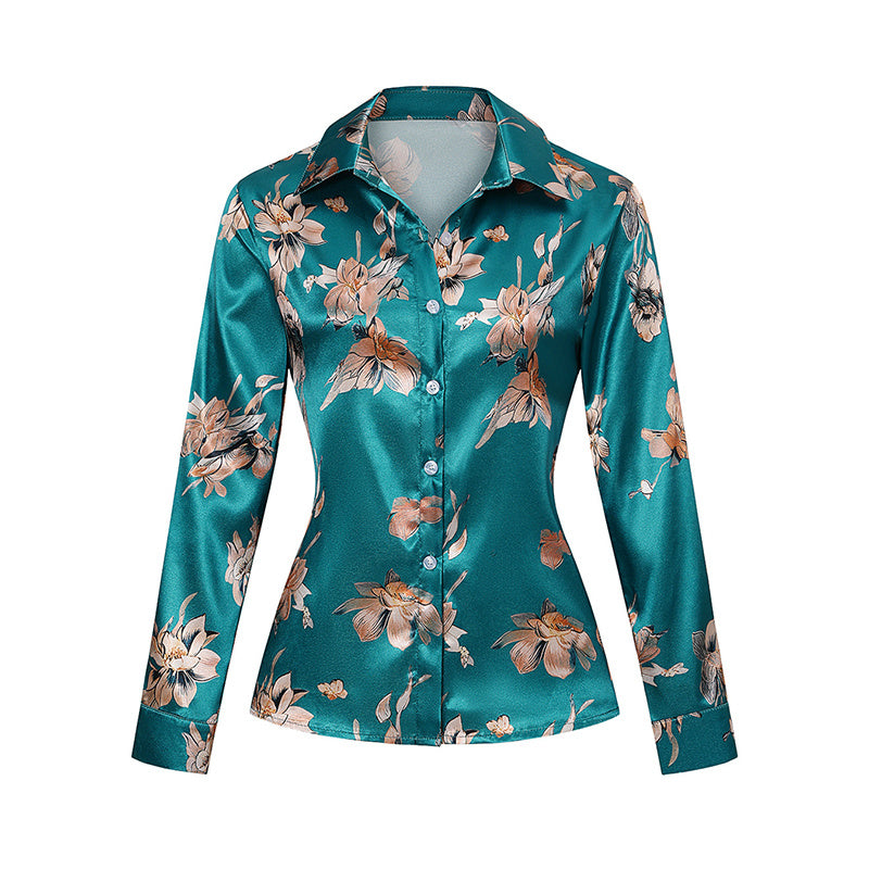 Women’s Satin Lapel Long Sleeve Shirt – Elegant Full Button Tapered Waist Top for Spring & Autumn