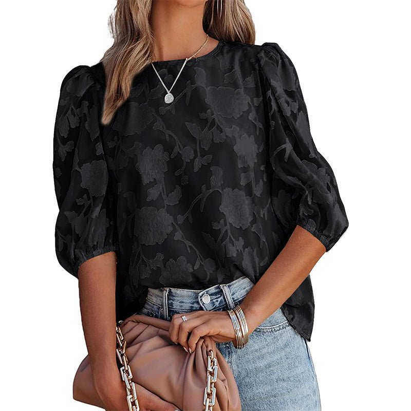 Women’s Puff Sleeve Chiffon Top – Loose Fit Floral Textured Blouse for Elegant Casual Wear