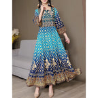 Women’s Bohemian Embroidered Maxi Dress – Square Neck 3/4 Sleeve Flowy Ethnic Style Party Dress