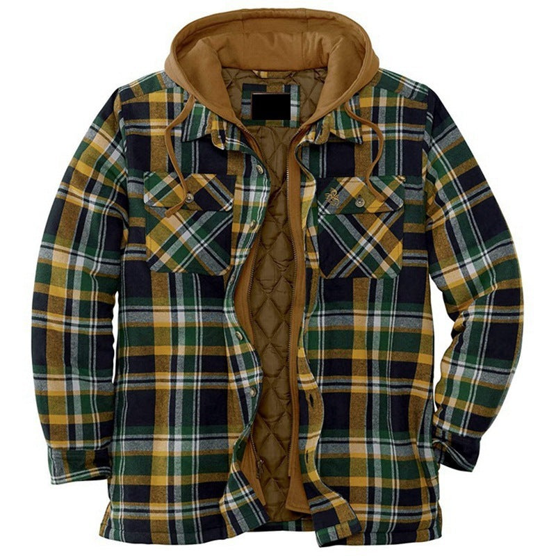 Men’s Thickened Cotton-Padded Plaid Hooded Jacket – Warm Loose Long Sleeve Winter Coat