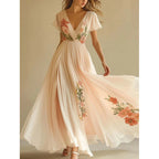 Women’s Floral Print V-Neck Pleated Chiffon Maxi Dress – Flowy Beach & Wedding Guest Dress with Flutter Sleeves