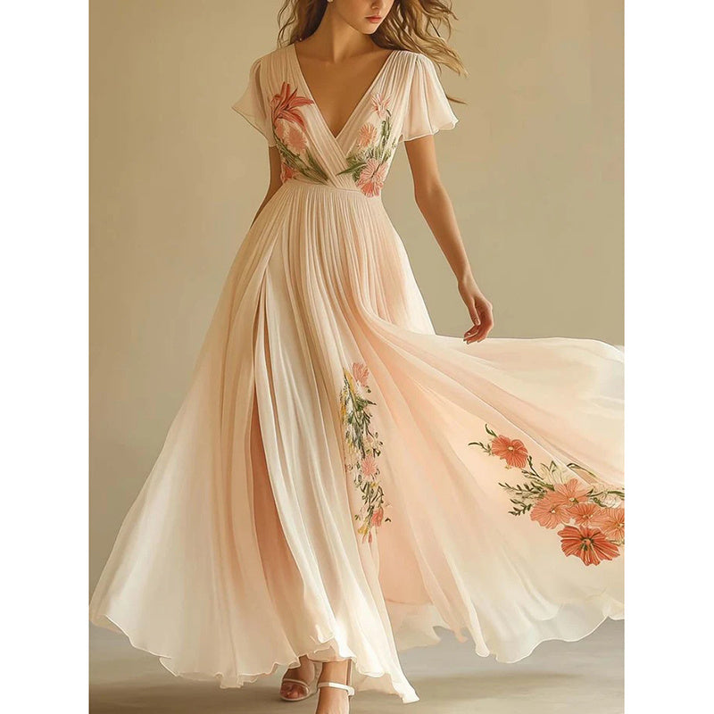 Women’s Floral Print V-Neck Pleated Chiffon Maxi Dress – Flowy Beach & Wedding Guest Dress with Flutter Sleeves