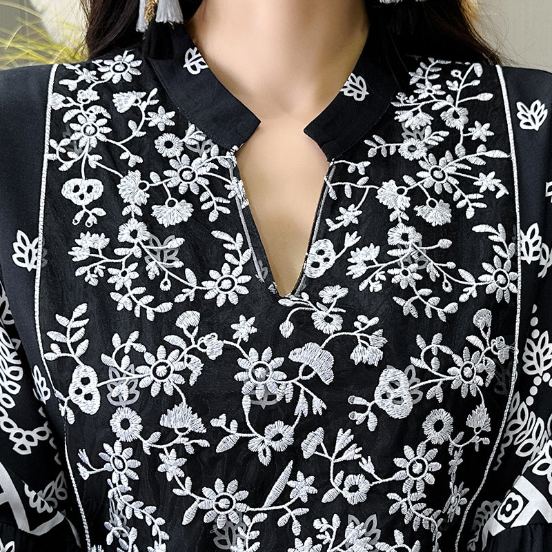 Women’s Bohemian Embroidery V-Neck Dress – Elegant 3/4 Sleeve A-Line Swing Maxi Dress