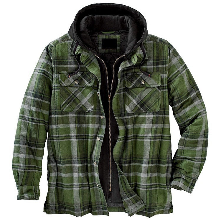 Men’s Thickened Cotton-Padded Plaid Hooded Jacket – Warm Loose Long Sleeve Winter Coat