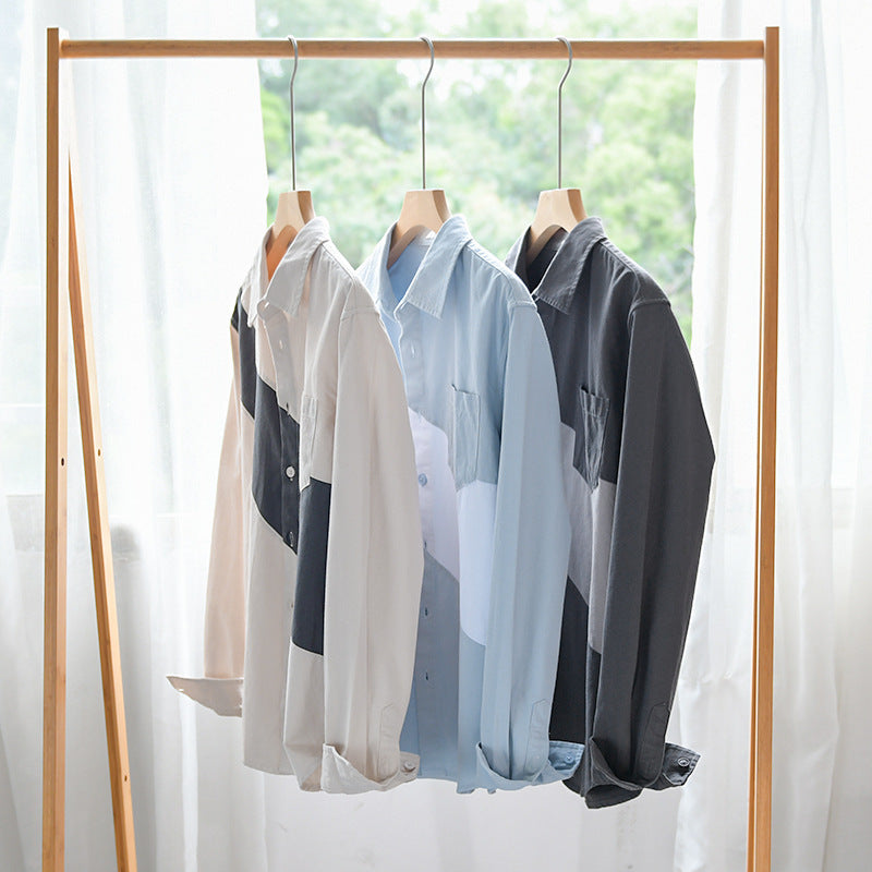 Men’s Leather Stitching Long Sleeve Shirt – Modern Casual Fashion with Premium Detailing