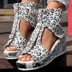 Round Toe Leopard Print Wedge Heels – Stylish Fish Mouth Casual High Heel Shoes for Women