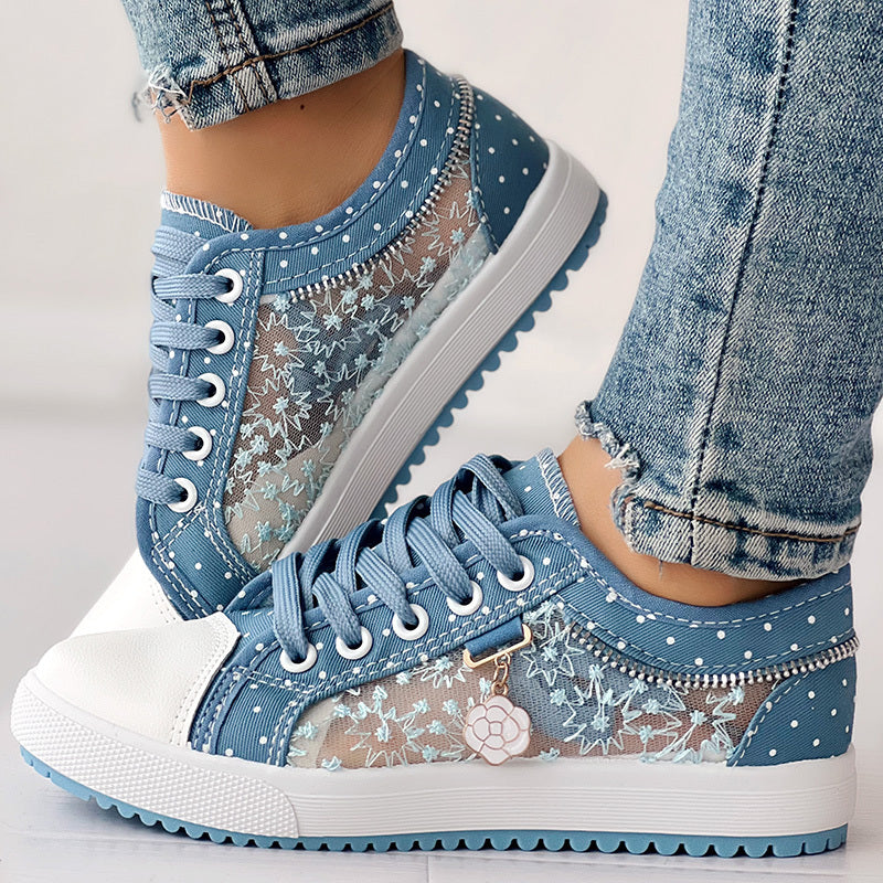 Floral Embroidered Polka Dot Print Sneakers – Trendy Casual Lace-Up Shoes for Women