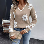 Women’s Fall Floral V-Neck Sweater – Long Sleeve Pullover with Scallop Trim
