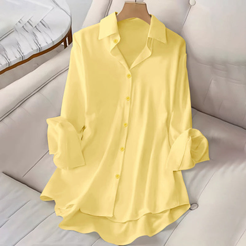 Plus Size Women’s Lapel Long Sleeve Shirt – Casual Solid Color Full Button Office Blouse