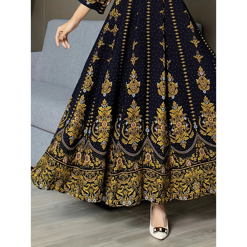 Women’s Boho V-Neck Maxi Dress – Elegant 3/4 Sleeve Ethnic Floral Print Swing Dress