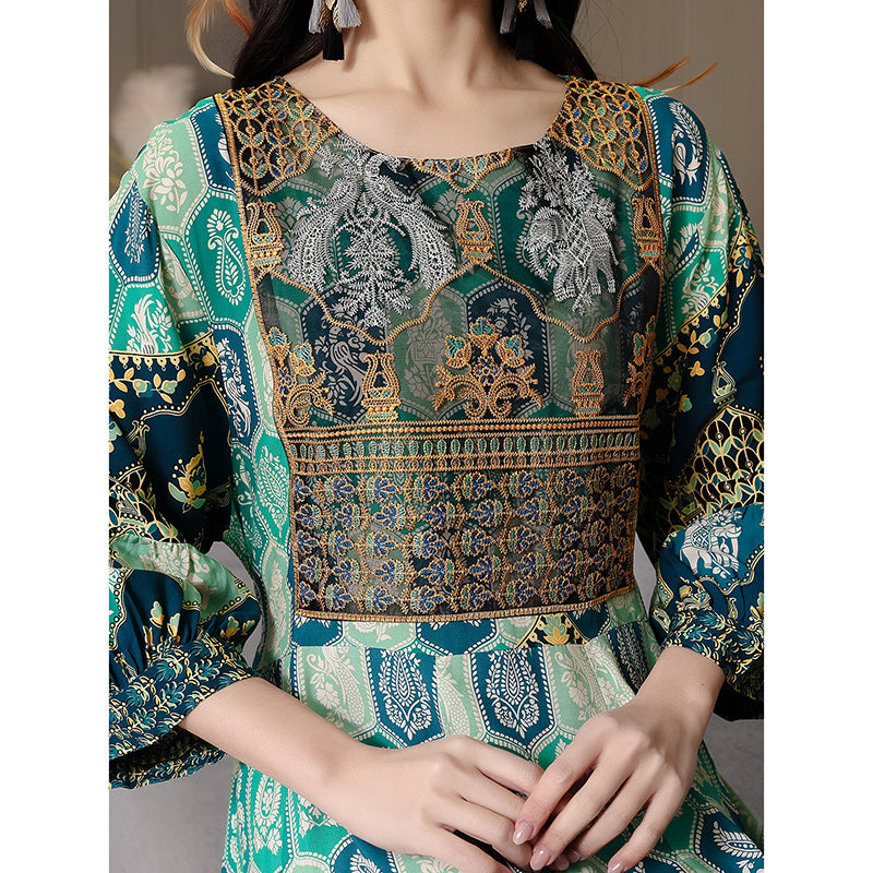 Women’s Bohemian Print Maxi Dress – Ethnic Round Neck 3/4 Sleeve Embroidered Flowy Party Dress