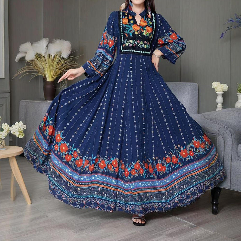 Women’s Ethnic V-Neck Embroidered Floral Maxi Dress – Long Sleeve A-Line Dress with Printed Hem