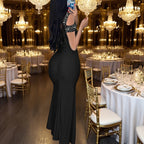 Women’s Sparkly Sequin Evening Gown – Elegant V-Neck Off-Shoulder Bodycon Dress with Thigh Slit