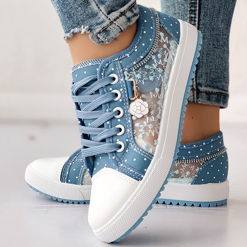 Floral Embroidered Polka Dot Print Sneakers – Trendy Casual Lace-Up Shoes for Women