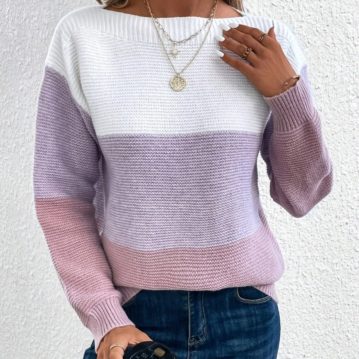 Women’s Pullover Knitted Sweater – Fashion Round Neck Splicing Loose Knit Top