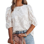 Women’s Puff Sleeve Chiffon Top – Loose Fit Floral Textured Blouse for Elegant Casual Wear