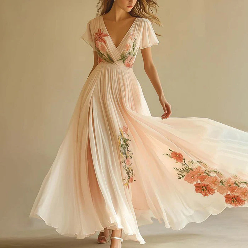 Women’s Floral Print V-Neck Pleated Chiffon Maxi Dress – Flowy Beach & Wedding Guest Dress with Flutter Sleeves
