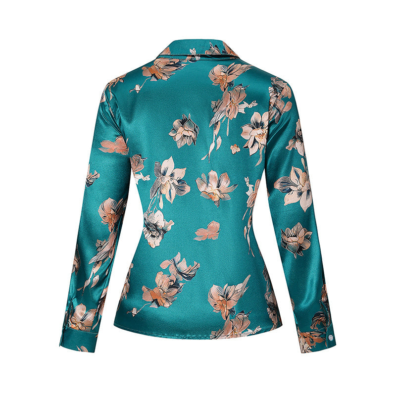 Women’s Satin Lapel Long Sleeve Shirt – Elegant Full Button Tapered Waist Top for Spring & Autumn