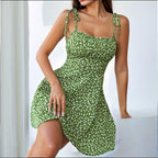 Women’s Floral Mini Dress – Spaghetti Strap Tie Shoulder Boho Ruffle Summer Dress