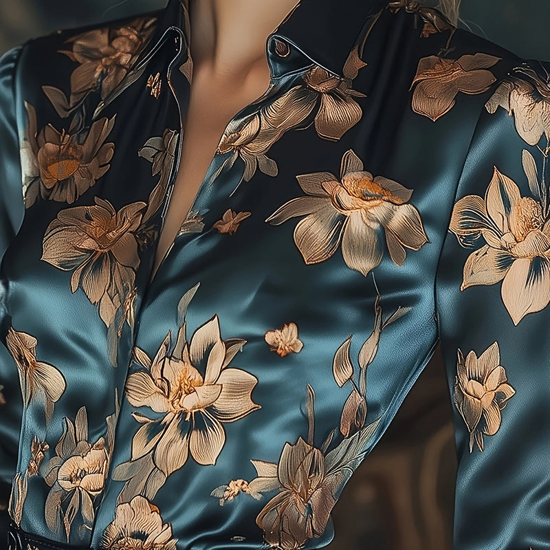 Women’s Satin Lapel Long Sleeve Shirt – Elegant Full Button Tapered Waist Top for Spring & Autumn