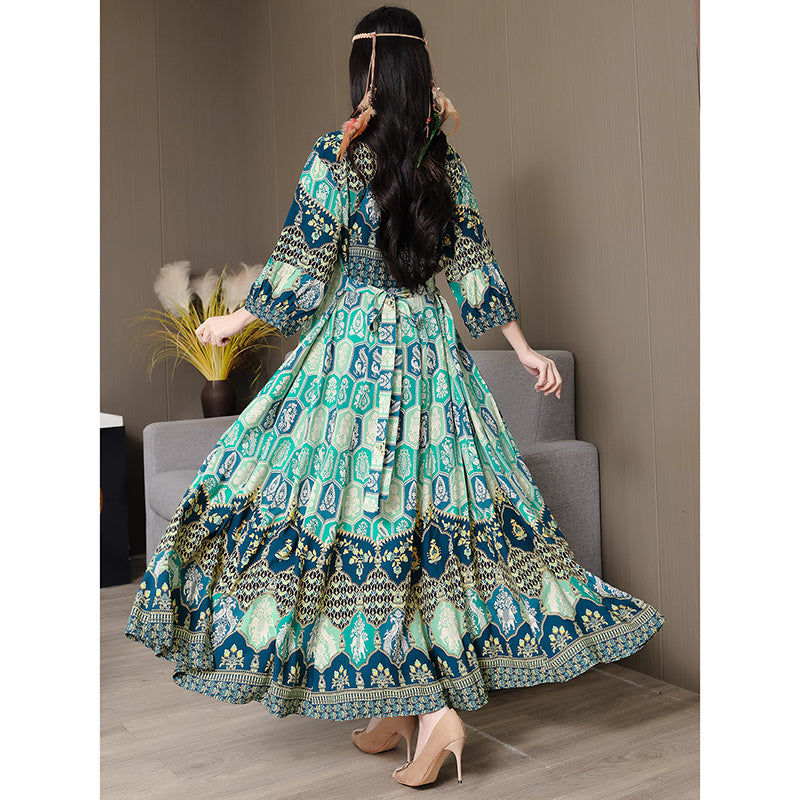 Women’s Bohemian Print Maxi Dress – Ethnic Round Neck 3/4 Sleeve Embroidered Flowy Party Dress