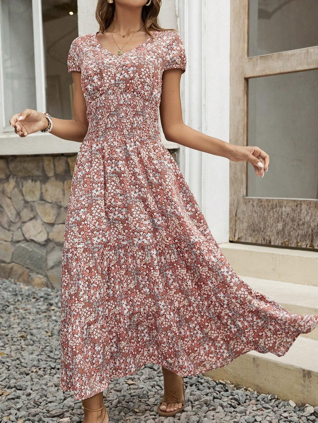 Blossom Chic V-Neck Floral Dress – Soft & Breathable Polyester Dress for Women