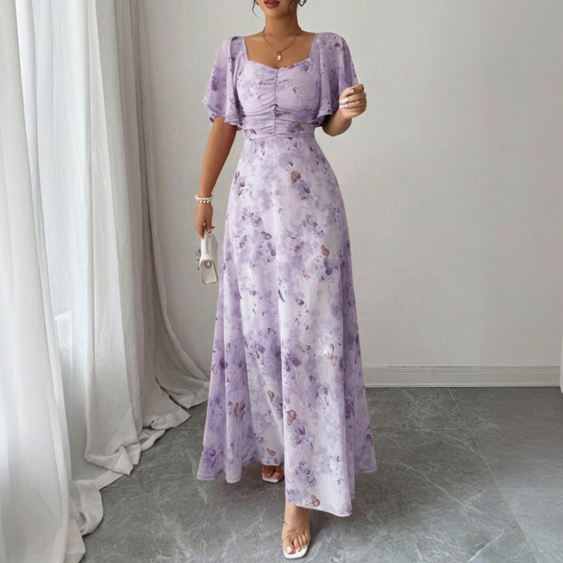 Women’s Square Neck Butterfly Print Maxi Dress – Short Sleeve A-Line Flowy Summer Vacation Dress