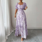 Women’s Square Neck Butterfly Print Maxi Dress – Short Sleeve A-Line Flowy Summer Vacation Dress