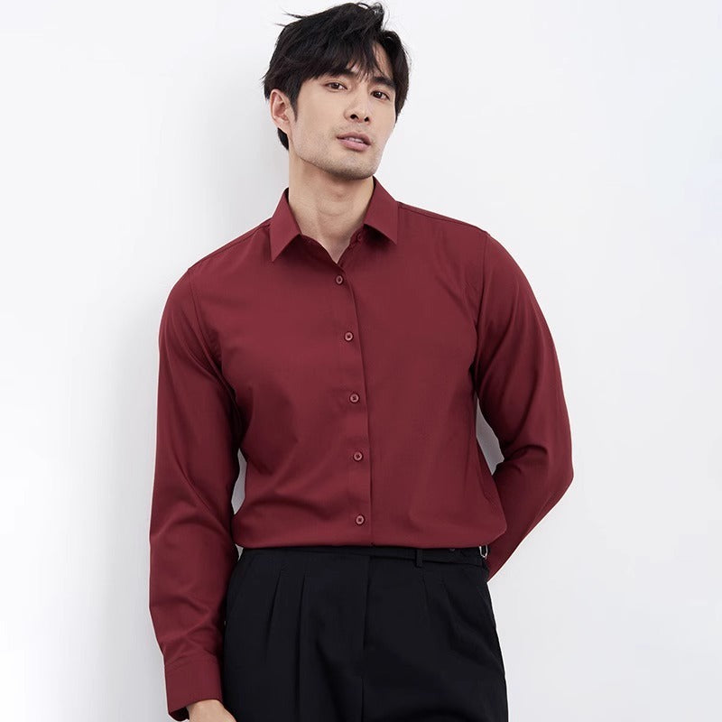 Men’s Wine Red Business Shirt – Elegant Slim-Fit Long Sleeve Formal & Casual Wear