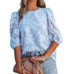 Women’s Puff Sleeve Chiffon Top – Loose Fit Floral Textured Blouse for Elegant Casual Wear