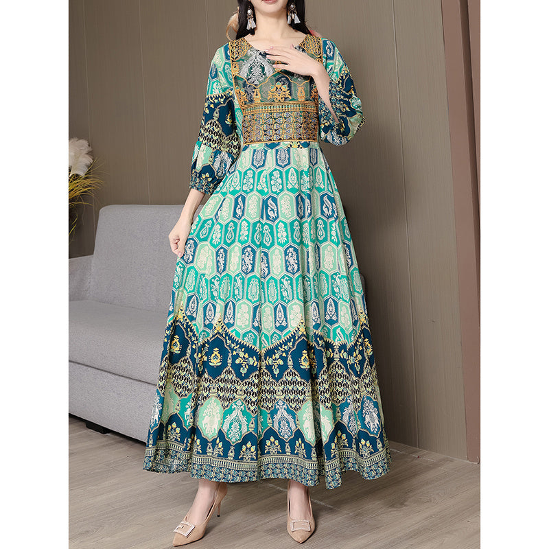 Women’s Bohemian Print Maxi Dress – Ethnic Round Neck 3/4 Sleeve Embroidered Flowy Party Dress