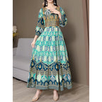 Women’s Bohemian Print Maxi Dress – Ethnic Round Neck 3/4 Sleeve Embroidered Flowy Party Dress