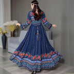 Women’s Ethnic V-Neck Embroidered Floral Maxi Dress – Long Sleeve A-Line Dress with Printed Hem