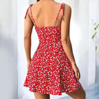 Women’s Floral Mini Dress – Spaghetti Strap Tie Shoulder Boho Ruffle Summer Dress