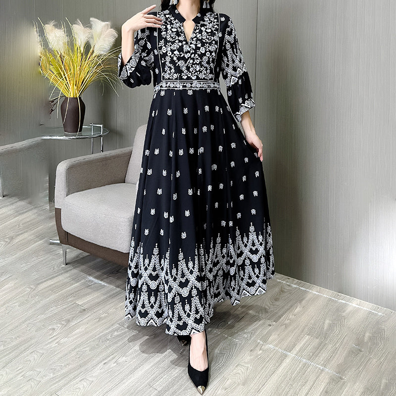 Women’s Bohemian Embroidery V-Neck Dress – Elegant 3/4 Sleeve A-Line Swing Maxi Dress