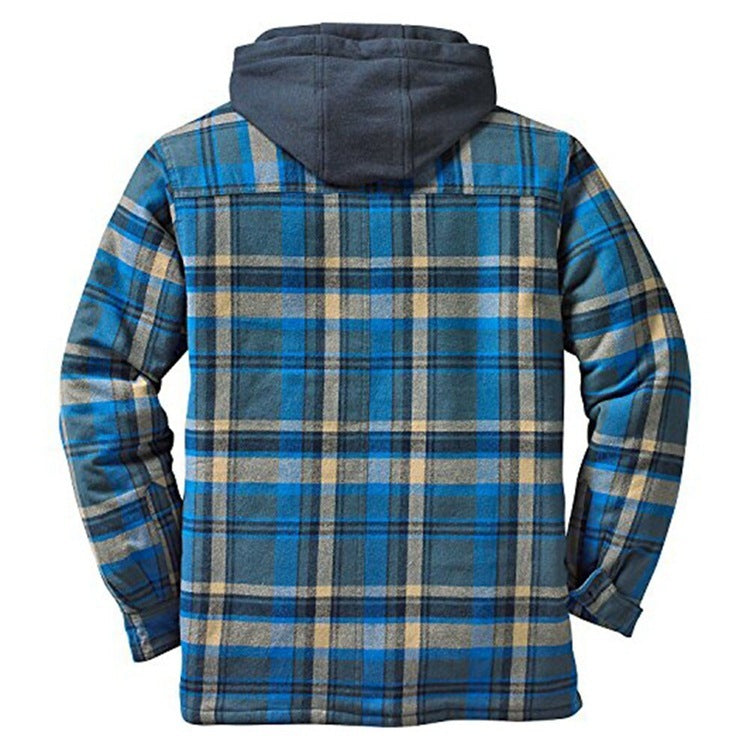 Men’s Thickened Cotton-Padded Plaid Hooded Jacket – Warm Loose Long Sleeve Winter Coat