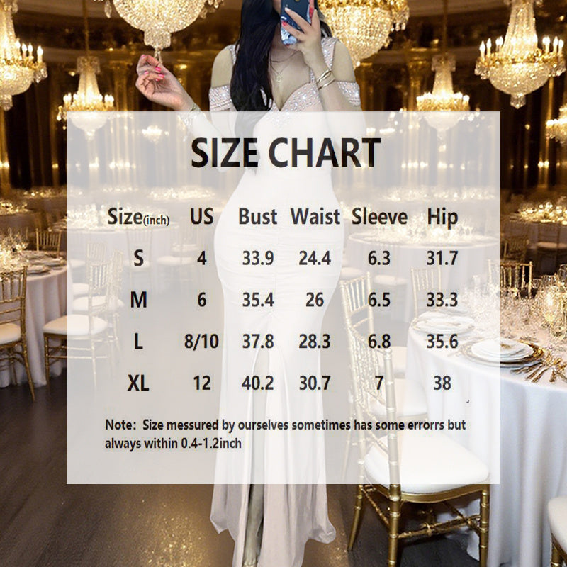 Women’s Sparkly Sequin Evening Gown – Elegant V-Neck Off-Shoulder Bodycon Dress with Thigh Slit