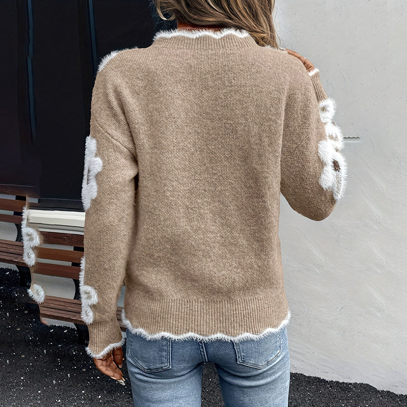 Women’s Fall Floral V-Neck Sweater – Long Sleeve Pullover with Scallop Trim