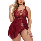 Plus Size Lace Babydoll Lingerie – V-Neck Snap Crotch Nighty Sleepwear for Women